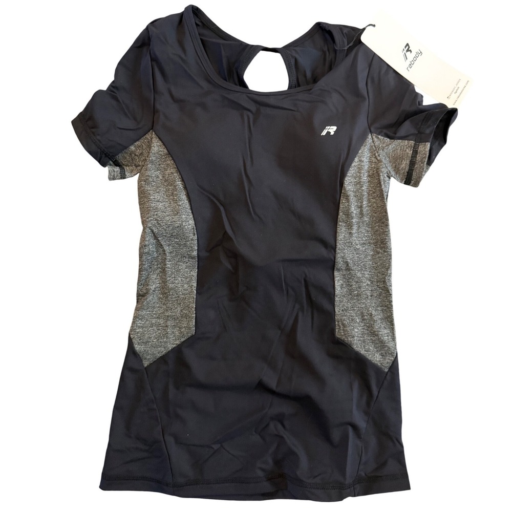 Rebody Womens Black Grey Activewear Athletic‎ T Shirt Cutout Back Size S